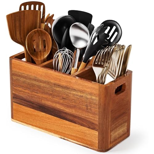 GAESHOW Küchenutensilienhalter, Besteckhalter Tish, Holz Utensilien Organizer mit 3 Fächern, Besteck Ablage für Küchen Arbeitsplatt von GAESHOW