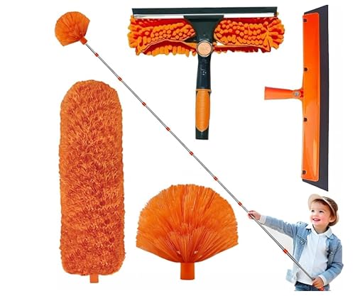 GAESHOW Teleskop-Fensterwischer, ausziehbar bis zu 4 m, 2-in-1, ausziehbarer Spinnenabzieher, Mikrofaser-Bürste und Staubwedel, für Decken, Fenster und Spinnweben (Orange) von GAESHOW