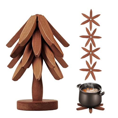 GAESHOW Untersetzer aus Holz, Baumform Untersetzer Enthalten 5 Holzuntersetzer und 1 Ständer, Holz Anti-Verbrühungs Isolierunterlage für Warme Gerichte, Topf, Schüssel, Teekanne (Dunkle Farbe ﻿) von GAESHOW