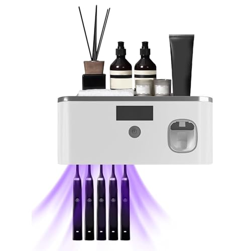 GAESHOW Zahnbürstenhalter mit Toothpaste Dispenser, Automatischer Zahnpastaspender mit 5 Zahnbürstenfächern, Zahnpasta-Spender Wand USB Wiederaufladbare für Badezimmer (Grau) von GAESHOW