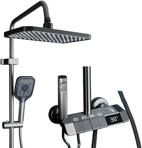 Duscharmatur Komplettset, Duschsäule mit quadratischem Kopf, Regendusche mit Armatur, Duschsystem mit 4 Betriebsmodi, digitale LED-Anzeige, Pistolengrau Wasserhahn Duschset von GAGAFEEL