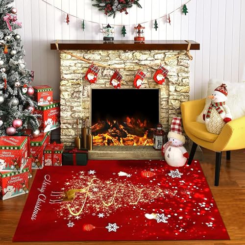 GAGALU Weihnachtsteppich Rot Dekorativer Weihnachten Teppich 3D rutschfest Waschbar Weihnachtsmatte Weich Weihnachtsteppich für Wohnzimmer, Küche, Flur, Esszimmer,Weihnachtsdeko,120x160cm von GAGALU