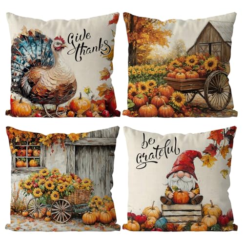 GAGEC Thanksgiving-Kissenbezüge, 45,7 x 45,7 cm, Set mit 4 Zwergen, Kürbissen, Sonnenblumen, Überwurf-Kissenbezügen, Erntedankfest, Herbst, Herbst von GAGEC
