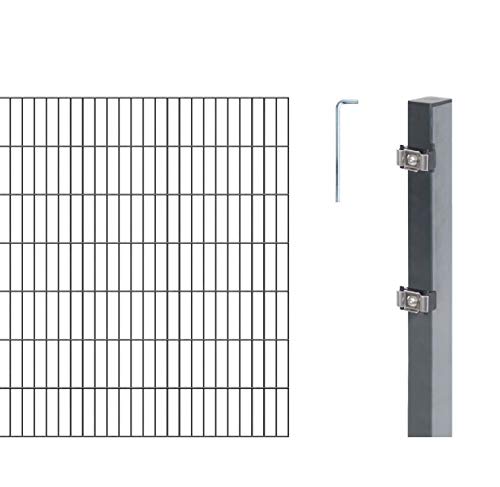 Alberts 651084 anthrazit Doppelstabmattenzaun als 14 TLG. Zaun-Komplettset mit Klemmlasche 6-5-6 mm Stahldraht Verschiedene 140 cm Länge 12 m, Höhe: 1400 mm von Alberts