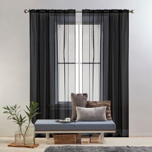 GAIFNAG Gardine Wohnzimmer Gardinen 180 x 110 cm Transparent in Leinen-Optik Waschbar in Vielen Bunten Farben Schlafzimmer Dicke Thermogardine für Hochzeit Fenster Wohnzimmer, Schwarz von GAIFNAG