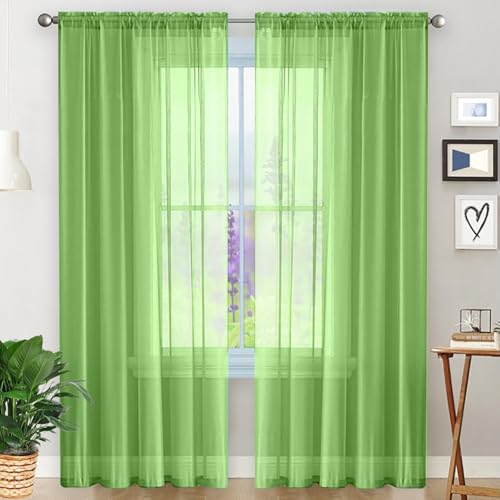 GAIFNAG Gardine Wohnzimmer Gardinen 60 x 120 cm Transparent in Leinen-Optik Waschbar in Vielen Bunten Farben Schlaufen Gardinen, Voile Curtains Transparent für Hotels Büros Wohnzimmer, Zart Grün von GAIFNAG