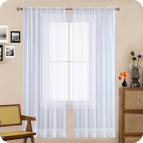 GAIFNAG Gardine Wohnzimmer Gardinen 70 x 200 cm Transparent in Leinen-Optik Waschbar in Vielen Bunten Farben Blickdichte Vorhänge mit Ösen Gardinen für Fenster, Zuhause, Terrasse, Weiß von GAIFNAG