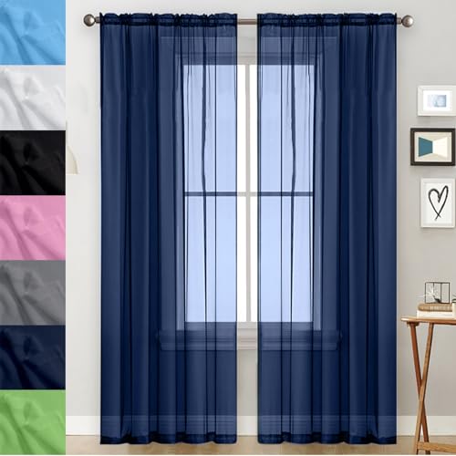 GAIFNAG Gardinen Gestreift Transparent 80 x 200 cm Transparent in Leinen-Optik Waschbar in Vielen Bunten Farben Schöne Stickerei Gardinen Fenster für Fenster, Zuhause, Terrasse, Dunkelblau von GAIFNAG