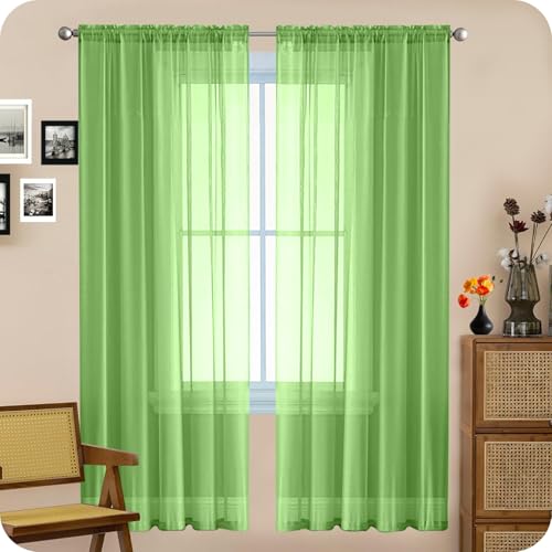 GAIFNAG Gardinen Kurz Vorhang Stores Gardine 110 x 100 cm Transparent in Leinen-Optik Waschbar in Vielen Bunten Farben Vorhänge Wohnzimmer Schlafzimmer für Hotels Büros Wohnzimmer, Zart Grün von GAIFNAG