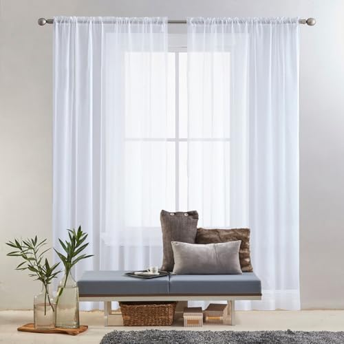 GAIFNAG Gardinen Kurz Vorhang Stores Gardine 130 x 110 cm Transparent in Leinen-Optik Waschbar in Vielen Bunten Farben Vorhänge Beige Blickdicht mit Ösen für Fenster, Zuhause, Terrasse, Weiß von GAIFNAG