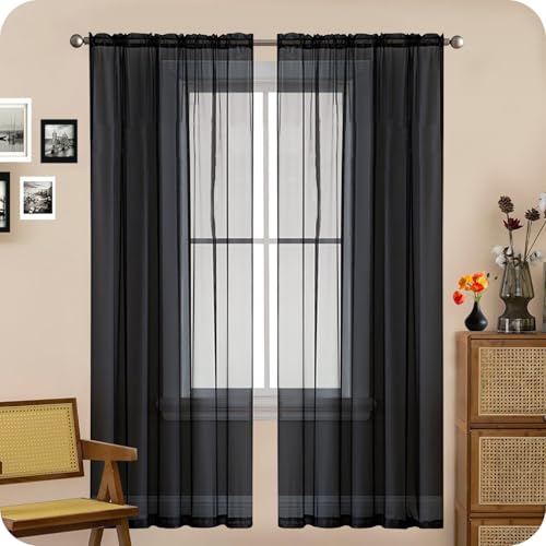 Gardinen Kurz Vorhang Stores Gardine 140 x 200 cm Hitzeschutz, Leinen-Optik Transparent, Größe Und Farbe Wählbar Vorhänge Wohnzimmer Schlafzimmer für Hotels Büros Wohnzimmer, Schwarz von GAIFNAG