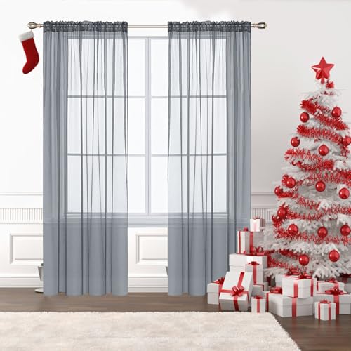 GAIFNAG Gardinen Vorhang Durchlässig Curtains 100 x 210 cm Transparent in Leinen-Optik Waschbar in Vielen Bunten Farben Kurz Durchlässige Vorhänge für Hotels Büros Wohnzimmer, Hellgrau von GAIFNAG