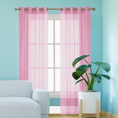 GAIFNAG Gardinen Wohnzimmer Vorhang 200 x 140 cm Transparent in Leinen-Optik Waschbar in Vielen Bunten Farben mit Ösen Transparente Leinen Optik Gardine für Hotels Büros Wohnzimmer, Rosa von GAIFNAG