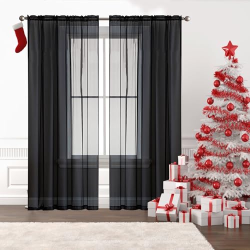 GAIFNAG Sheer Voile Vorhänge mit Ösen 70 x 230 cm Transparent Wohnzimmer Luftig Dekoschal, Waschbar, Kürzbar Lichtdurchlässig Dekoschal Schlafzimmer für Fenster, Zuhause, Terrasse, Schwarz von GAIFNAG