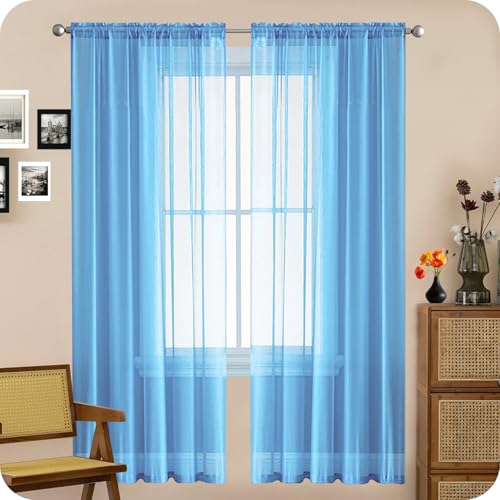 Voile Gardinen Weiss Transparent Ösenvorhang 70 x 180 cm Transparent in Leinen-Optik Waschbar in Vielen Bunten Farben Vorhang Blickdicht mit Ösen für Hotels Büros Wohnzimmer, Himmelblau von GAIFNAG