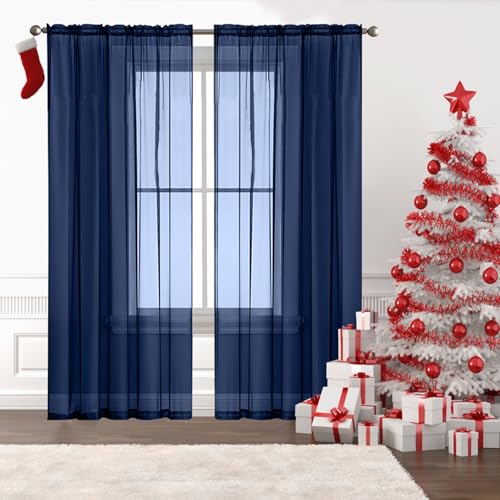 GAIFNAG Voile Vorhang Transparente Gardine 150 x 150 cm Transparent Wohnzimmer Luftig Dekoschal, Waschbar, Kürzbar Voile Vorhang Durchsichtig Gardine für Hochzeit Fenster Wohnzimmer, Dunkelblau von GAIFNAG
