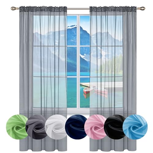 Gardinen Kurz Vorhang Stores Gardine 100 x 120 cm Transparent in Leinen-Optik Waschbar in Vielen Bunten Farben Modern Schlaufenschal, Balkontür Gardine für Fenster, Zuhause, Terrasse, Hellgrau von GAIFNAG