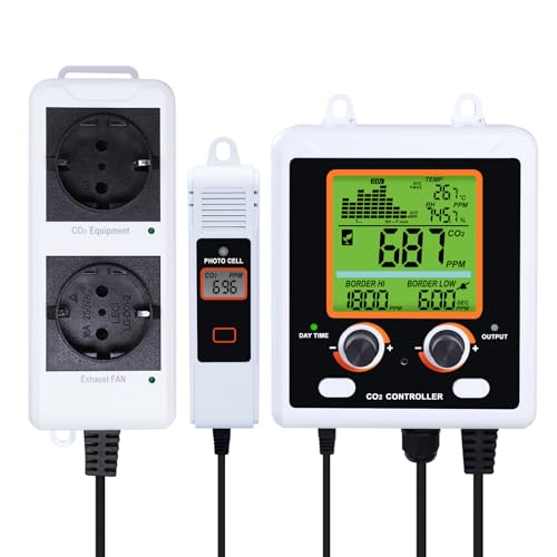 CO2 Controller Kohlendioxid Steuerung CO2 Messgerät Tag und Nacht NDIR CO2 Sensor Dual-Control-Funktion mit 15 Fuß Fern-CO2-Sensor für Grow Room, Grow Tent, Gewächshaus von GAIN EXPRESS