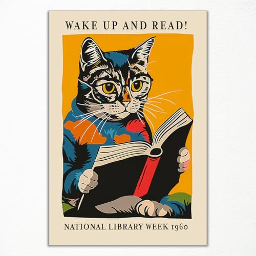 GAINOW Vintage Katze und Buch Poster, Wake Up and Read Inspirierende Wandkunst Leinwand, Retro 1960 National Library Week Wandkunst, Lesekunst für Buchliebhaber Wanddekoration 60x90cm ungerahmt GAINOW Vintage Katze und Buch Poster, Wake Up and Read Inspirierende Wandkunst Leinwand, Retro 1960 National Library Week Wandkunst, Lesekunst für Buchliebhaber Wanddekoration 60x90cm ungerahmt von GAINOW