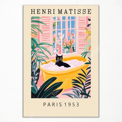 Vintage Henri Matisse Leinwandbild, Lustiges schwarzes Katzen-Badezimmer-Poster, süßer Katzen-Badezimmer-Druck, rosa-grünes Dopamin-Wanddekor, tropisches botanisches Blumenbild 60x90cm ungerahmt Vintage Henri Matisse Leinwandbild, Lustiges schwarzes Katzen-Badezimmer-Poster, süßer Katzen-Badezimmer-Druck, rosa-grünes Dopamin-Wanddekor, tropisches botanisches Blumenbild 60x90cm ungerahmt von GAINOW