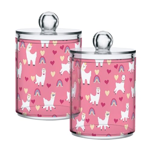 GAIREG Niedliche Lamas Herzen rosa 2 Stück Wattestäbchen Ball Qtip Halter Glas Kunststoff Behälter Spender mit Deckel für Badezimmer von GAIREG
