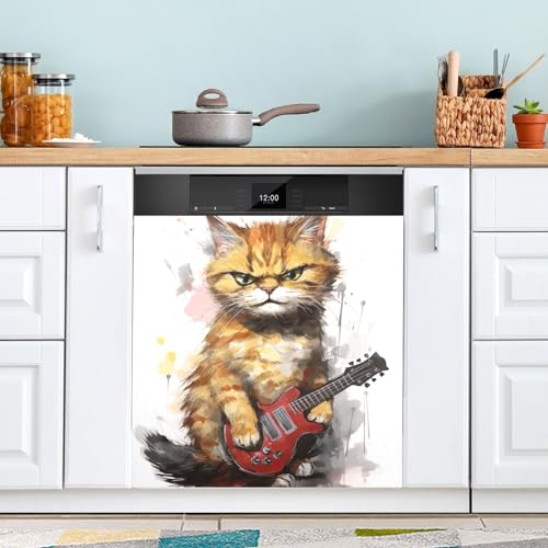 Magnetische Abdeckungen für Geschirrspüler, Cartoon-Katze, die Gitarre hält, Küchendekoration, Kühlschrank-Abdeckungen, dekorativ, 58 x 66 cm von GAIREG