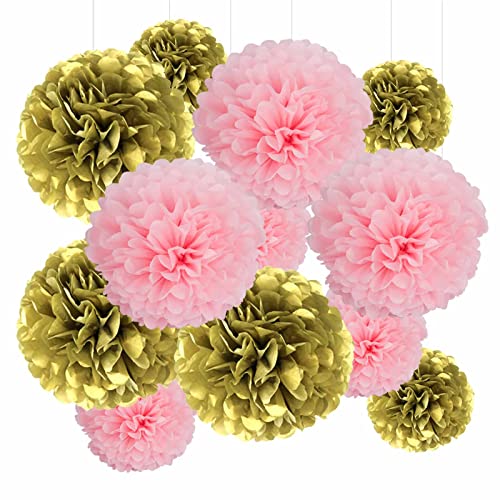 GAKA FAVOR 12er Seidenpapier Pompons Set,Gold un Rosa Tissue Hängedekoration Papier Pompoms Deko für Hochzeit,Taufe,Geburtstag,Kommunion,Nationalfeiertag Party Deko von GAKA FAVOR