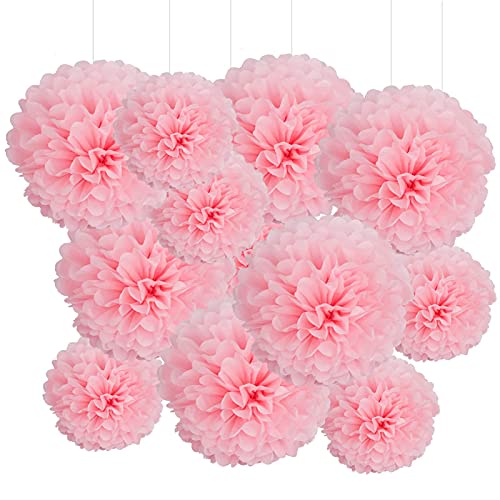 GAKA FAVOR 12er Seidenpapier Pompons Set,Rosa Tissue Hängedekoration Papier Pompoms Deko für Hochzeit,Taufe,Geburtstag,Kommunion,Valentinstag Muttertag Party Deko von GAKA FAVOR