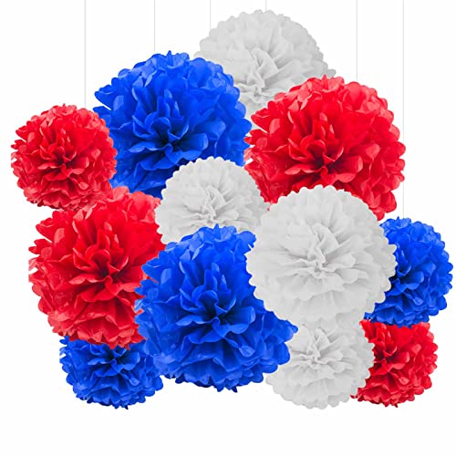 GAKA FAVOR 12er Seidenpapier Pompons Set,Weiß Marineblau un Rot Tissue Hängedekoration Papier Pompoms Deko für Hochzeit,Taufe,Geburtstag,Kommunion,Nationalfeiertag Party Deko von GAKA FAVOR