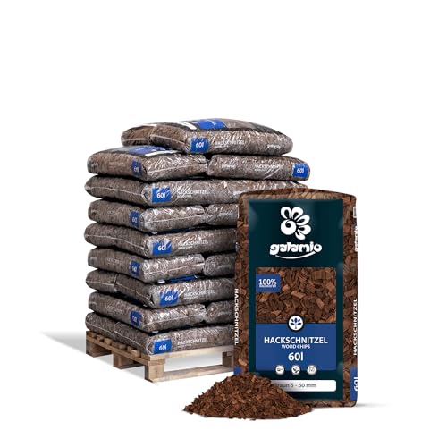 GALAMIO Holzhackschnitzel Brau Hackschnitzel Mulch Natur Wald Kiefer Pinus Sylvestris Garten Dekor Holz Häcksel Grob 5-60mm 60l x 26 Sack 1.560l / 1 Palette Paligo von GALAMIO