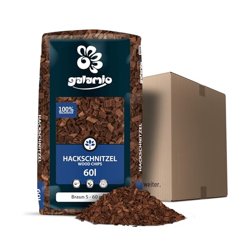 GALAMIO Holzhackschnitzel Braun Hackschnitzel Mulch Natur Wald Kiefer Pinus Sylvestris Garten Dekor Holz Häcksel Grob 5-60mm 60l Sack / 1 Karton Paligo von GALAMIO