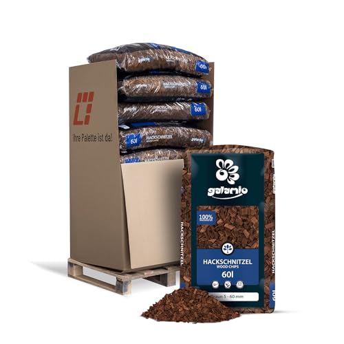 GALAMIO Holzhackschnitzel Braun Hackschnitzel Mulch Natur Wald Kiefer Pinus Sylvestris Garten Dekor Holz Häcksel Grob 5-60mm 60l x 13 Sack 780l / 1 Palette Paligo von GALAMIO