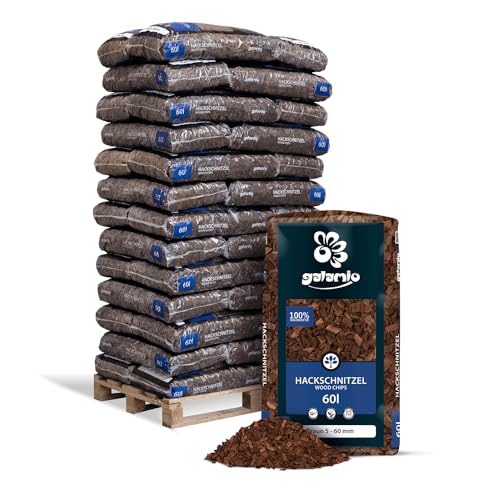 GALAMIO Holzhackschnitzel Braun Hackschnitzel Mulch Natur Wald Kiefer Pinus Sylvestris Garten Dekor Holz Häcksel Grob 5-60mm 60l x 39 Sack 2.340l / 1 Palette Paligo von GALAMIO