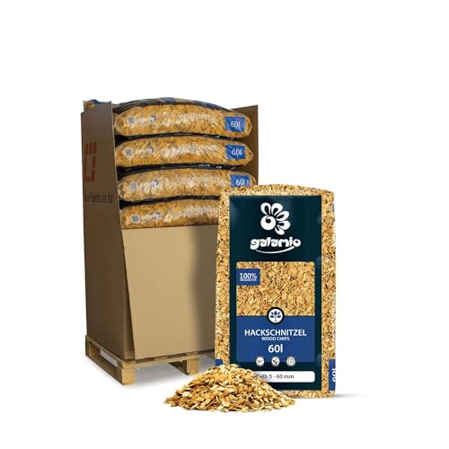 GALAMIO Holzhackschnitzel Gelb Hackschnitzel Mulch Natur Wald Kiefer Pinus Sylvestris Garten Dekor Holz Häcksel Grob 5-60mm 60l x 13 Sack 780l / 1 Palette Paligo von GALAMIO