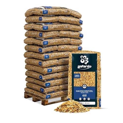 GALAMIO Holzhackschnitzel Gelb Hackschnitzel Mulch Natur Wald Kiefer Pinus Sylvestris Garten Dekor Holz Häcksel Grob 5-60mm 60l x 39 Sack 2.340l / 1 Palette Paligo von GALAMIO