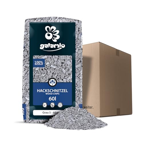 GALAMIO Holzhackschnitzel Grau Hackschnitzel Mulch Natur Wald Kiefer Pinus Sylvestris Garten Dekor Holz Häcksel Grob 5-60mm 60l Sack / 1 Karton Paligo von GALAMIO