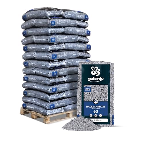 GALAMIO Holzhackschnitzel Grau Hackschnitzel Mulch Natur Wald Kiefer Pinus Sylvestris Garten Dekor Holz Häcksel Grob 5-60mm 60l x 39 Sack 2.340l / 1 Palette Paligo von GALAMIO