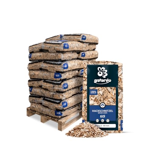 GALAMIO Holzhackschnitzel Hackschnitzel Mulch Natur Wald Kiefer Pinus Sylvestris Für Garten Hochbeet Dekor Holz Deko Häcksel Grob 5-60mm 60l x 26 Sack 1.560l / 1 Palette Paligo von GALAMIO