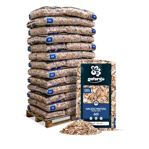 GALAMIO Holzhackschnitzel Hackschnitzel Mulch Natur Wald Kiefer Pinus Sylvestris Für Garten Hochbeet Dekor Holz Deko Häcksel Grob 5-60mm 60l x 39 Sack 2.340l / 1 Palette Paligo von GALAMIO