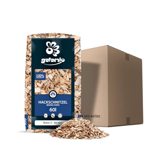 GALAMIO Holzhackschnitzel Hackschnitzel Mulch Natur Wald Kiefer Pinus Sylvestris Für Garten Hochbeet Dekor Holz Deko Häcksel Grob 5-60mm 60l Sack / 1 Karton Paligo von GALAMIO