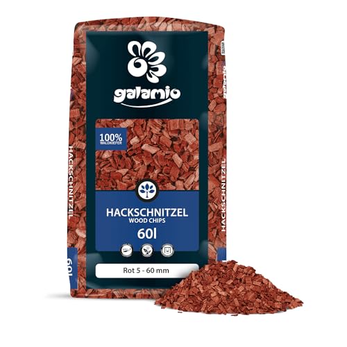 GALAMIO Holzhackschnitzel Rot Hackschnitzel Mulch Natur Wald Kiefer Pinus Sylvestris Garten Dekor Holz Häcksel Grob 5-60mm 60l x 26 Sack 1.560l / 1 Palette Paligo von GALAMIO