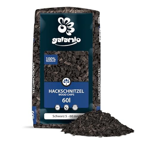 GALAMIO Holzhackschnitzel Schwarz Hackschnitzel Mulch Natur Wald Kiefer Pinus Sylvestris Garten Dekor Holz Häcksel Grob 5-60mm 60l x 26 Sack 1.560l / 1 Palette Paligo von GALAMIO
