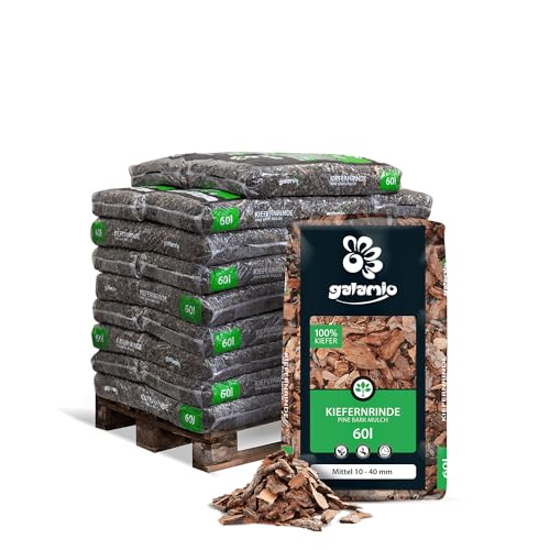 GALAMIO Kiefernrinde Kiefernmulch Rindenmulch Rinde Mulch Garten Dekor Pinus Sylvestris Natur Wald Kiefer Mittel 10-40mm 60l x 26 Sack 1.560l / 1 Palette Paligo von GALAMIO