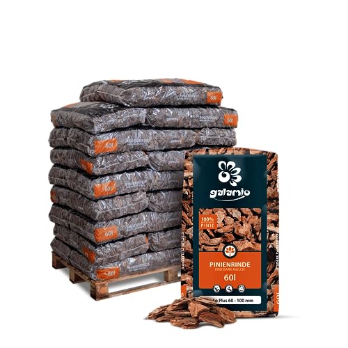 GALAMIO Pinienrinde Pinienmulch Rindenmulch Pinie Mulch Garten Dekor Plus Pinus Pinea Natur Mittelmeer Kiefer Deko 60-100mm 60l x 26 Sack 1.560l / 1 Palette Paligo von GALAMIO