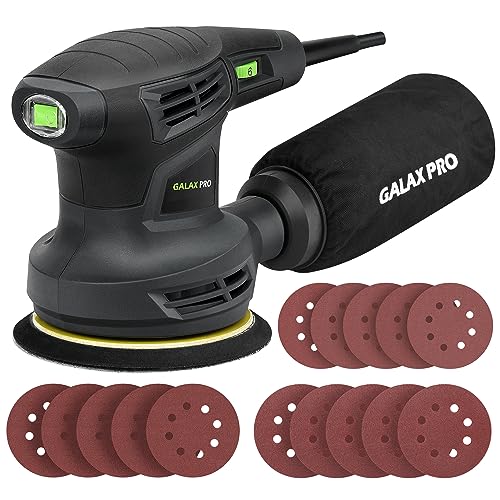GALAX PRO 280W Exzenterschleifer, 13000 OPM Zufalls-Orbitalschleifer mit 6 variablen Geschwindigkeiten und 15 Stückchen Schmirgelpapier 125mm, mit Staubabsaugung zum Schleifen und Polieren von GALAX PRO