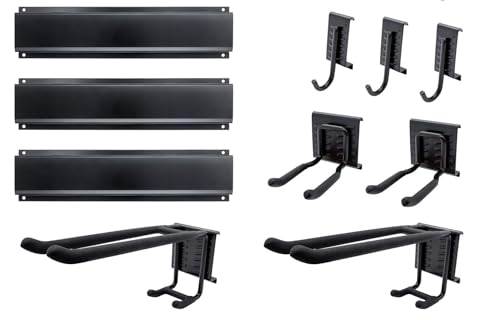 GALLUNOPTIMAL 36 teiliges Gerätehalterung Set bestehend aus 3 Stahl Schienen + 7 Halter + 2 Nylonklettschlaufen und Befestigungsmaterial - Stahlblech schwarz lackiert mit gummierten Halterarmen von GALLUNOPTIMAL