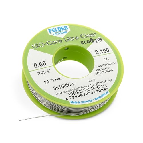 GALLUNOPTIMAL by FELDER Lötdraht Sn100Ni+ für allgemeine Elektronikanwendungen | 0,5mm | 100g Spule | bleifrei mit 2,2% Flussmittel Ultra-Clear | REL0 | für Elektronik, Elektrotechnik uvm. von GALLUNOPTIMAL