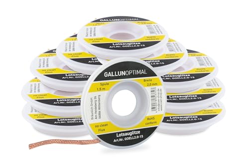 GALLUNoptimal 10er Set Entlötlitze flussmittelgetränkt 2 mm breit 1,5 m lang auf Antistatikspule von GALLUNOPTIMAL