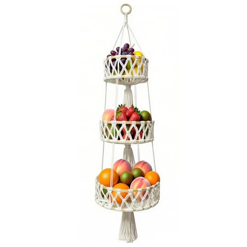 GALOZZOIT Handgewebter Boho Obstkorb Hängend, 3‑stöckiger Baumwoll Hängekorb für Obst & Gemüse Aufbewahrung, Küchen Dekoration, Cremeweiß von GALOZZOIT