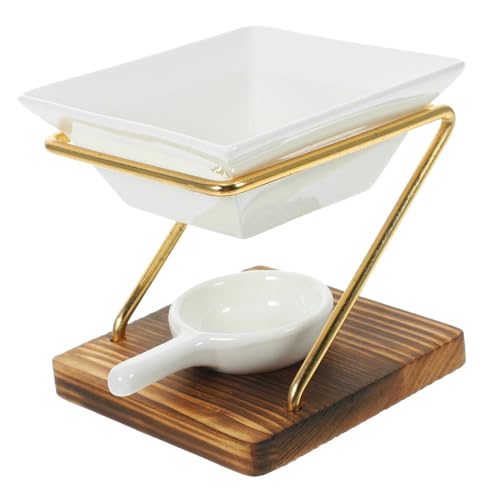 GALPADA 1 Satz Teelicht Duftlampe aus Keramik mit Holz und Eisenmaterial Aromatherapie Wärmer für Ätherische Öle und Wachsmelts Vielseitig als Kerzenhalter und Dekoratives Element von GALPADA